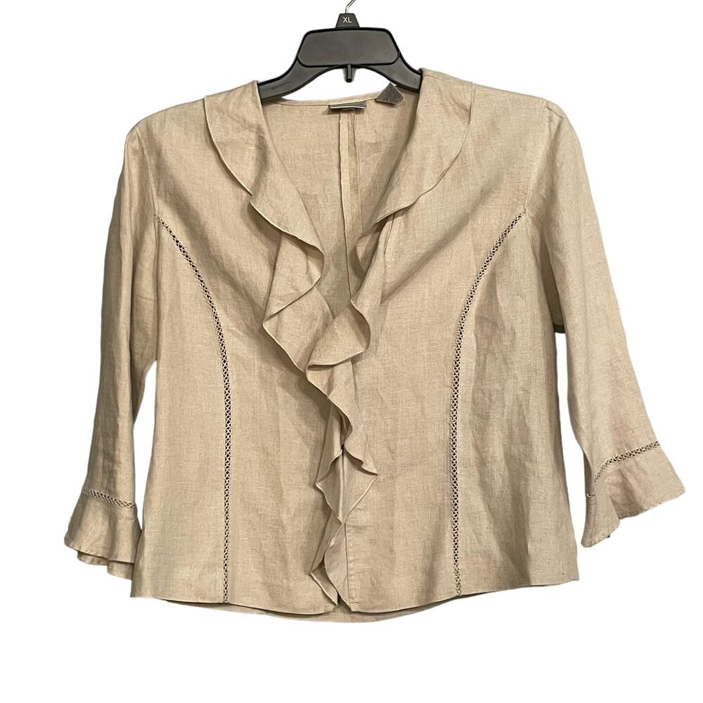 Chicos Jacket Blazer Size 1 US M Linen Ruffle Boho Lagenlook Crochet‎ Detail